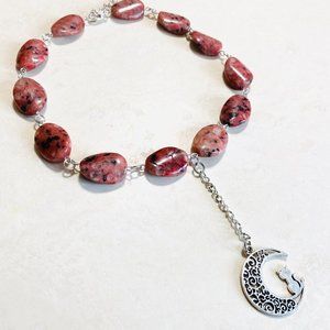 Natural Gemstone Pink Rhodonite Lariat Choker, Cat on the Moon Pendant